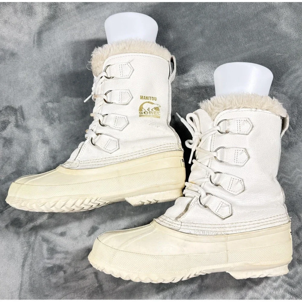 Sorel Manitou Boots Womens Size 8 White Leather Wool Lined Winter Snow Lace Up